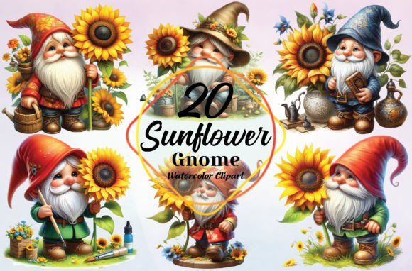 Creative Floral Gnome Art: Watercolor Sunflower PNG